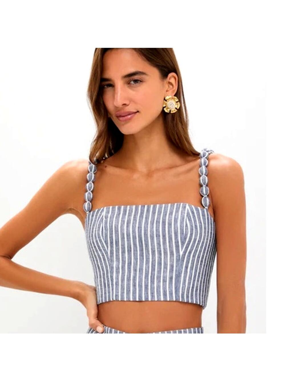 Andres Otalora Women's White and Blue Stripes Esperame Top Size 6